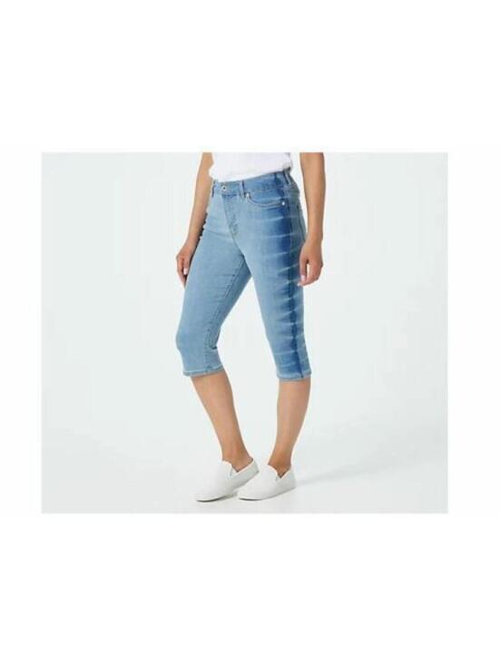 Denim - 3393 Denim & Co. 5-Pocket Pedal Pusher with Tie-Dye Detailing LIGHT wash sz 10